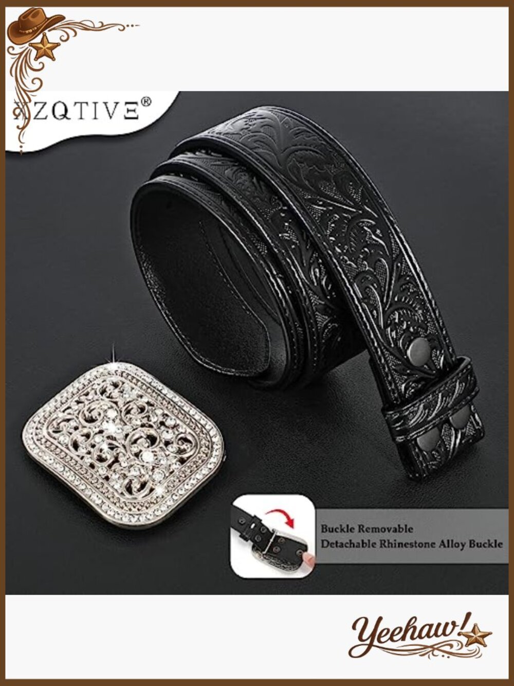 Genuine Leather Western Belt with Rhinestone Buckle for Women Men - Picture 5 of 7